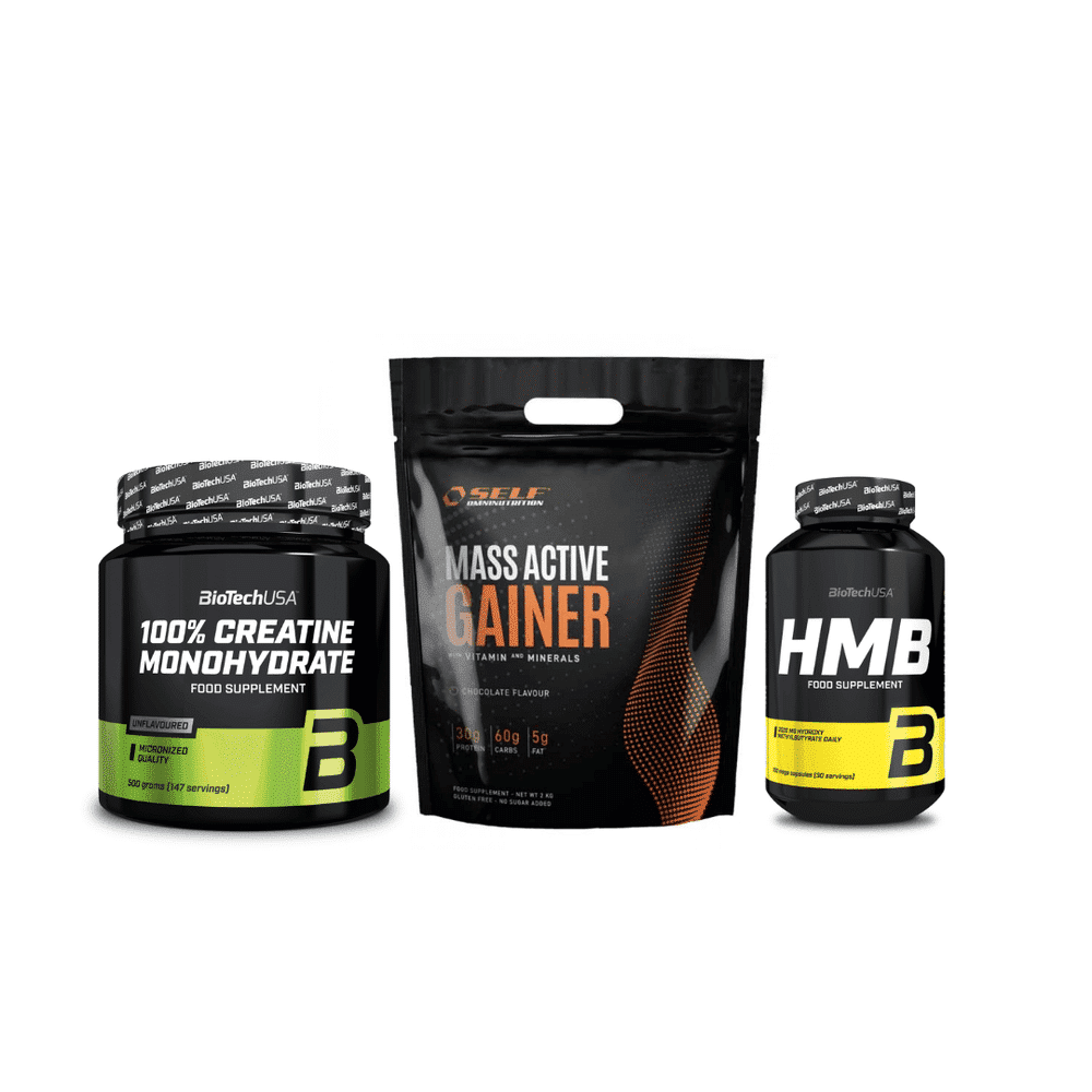 mass-gainercreatine500hmb.png Ultimate Mass Gain Set (Self Omninutrition Mass Active Gainer 2kg, Creatine Monohydrate 500gr, HMB 150 κάψουλες) - Image 1